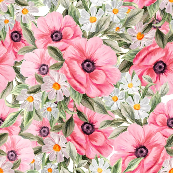 Spring flowers seamless pattern. Botanical background. Arrangement of pink and white wildflowers.