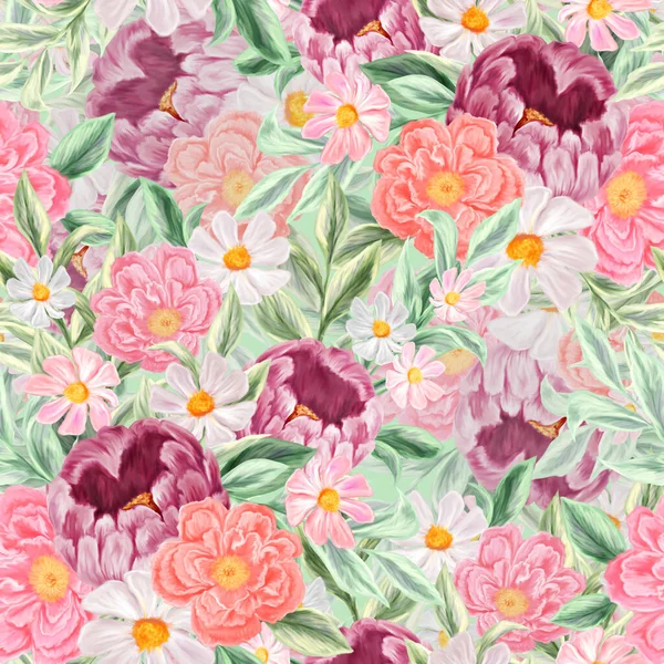 Spring flowers seamless pattern. Botanical background. Arrangement of pink and white wildflowers.