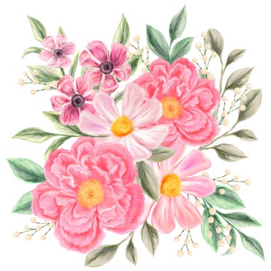 Bahar çiçeği buketi. Davetiye tasarımı ve tebrik kartları için izole edilmiş botanik çizimleri. Pembe ve beyaz kır çiçeklerinin bileşimi.