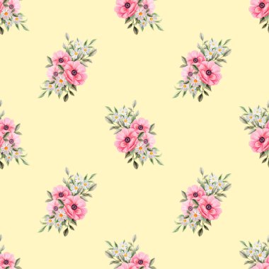 Bahar çiçekleri pürüzsüz desen. Botanik geçmişi. Pembe ve beyaz kır çiçeklerinin düzenlenmesi.