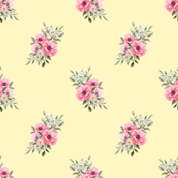 Spring flowers seamless pattern. Botanical background. Arrangement of pink and white wildflowers.