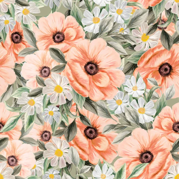 Spring flowers seamless pattern. Botanical background. Arrangement of pink and white wildflowers.