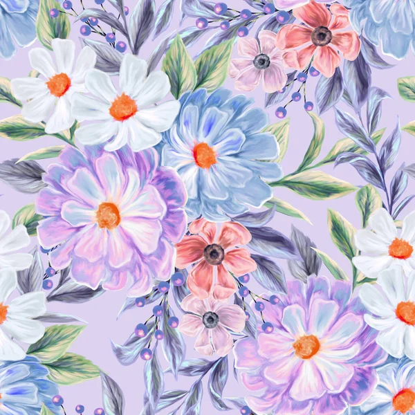 Spring flowers seamless pattern. Botanical background. Arrangement of pink and white wildflowers.