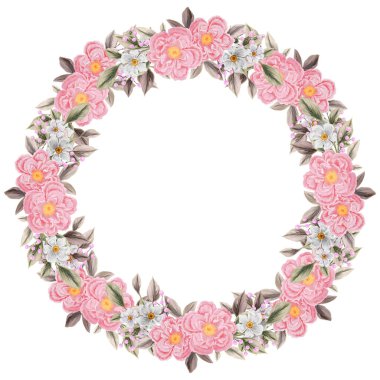 Bahar çiçeği çelengi. Davetiyelerin ve kartların tasarımı için izole edilmiş klipsli sanat öğesi. Pembe ve beyaz kır çiçeklerinin çelenk şeklinde düzenlenmesi.