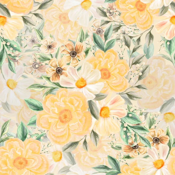 Spring flowers seamless pattern. Botanical background. Arrangement of pink and white wildflowers.
