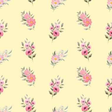 Bahar çiçekleri pürüzsüz desen. Botanik geçmişi. Pembe ve beyaz kır çiçeklerinin düzenlenmesi.