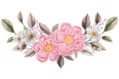 Bahar çiçekleri. Davetiye tasarımı ve tebrik kartları için izole edilmiş botanik sınırı. Pembe ve beyaz kır çiçeklerinin bileşimi.