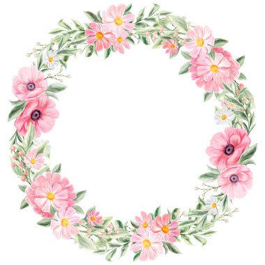 Bahar çiçeği çelengi. Davetiyelerin ve kartların tasarımı için izole edilmiş klipsli sanat öğesi. Pembe ve beyaz kır çiçeklerinin çelenk şeklinde düzenlenmesi.