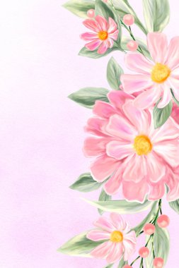 Bahar çiçekleri. Tebrik kartı tasarımı. Düğün davetiyeleri için botanik dekorasyonu. Pembe ve beyaz kır çiçeklerinin düzenlenmesi.