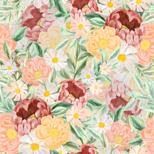 Spring Flowers Seamless Pattern Botanical Background Arrangement Pink White Wildflowers — Stock Photo, Image