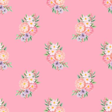 Bahar çiçekleri pürüzsüz desen. Botanik geçmişi. Pembe ve beyaz kır çiçeklerinin düzenlenmesi.