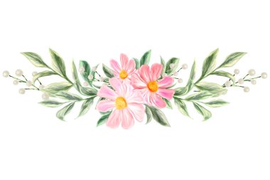 Bahar çiçekleri. Davetiye tasarımı ve tebrik kartları için izole edilmiş botanik sınırı. Pembe ve beyaz kır çiçeklerinin bileşimi.