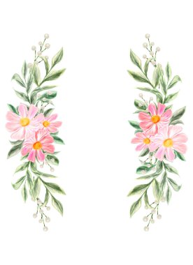 Spring flowers. Isolated frame for design of invitations, cards. Arrangement of pink and white wildflowers in the form of a wreath.