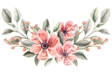 Bahar çiçekleri. Davetiye tasarımı ve tebrik kartları için izole edilmiş botanik sınırı. Pembe ve beyaz kır çiçeklerinin bileşimi.