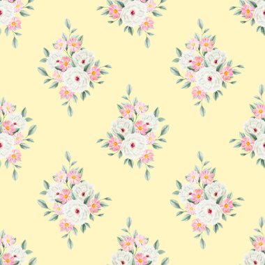 Bahar çiçekleri pürüzsüz desen. Botanik geçmişi. Pembe ve beyaz kır çiçeklerinin düzenlenmesi.