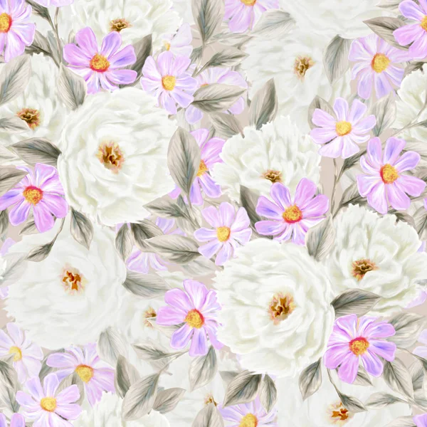 春花无缝花型 植物学背景 粉红色和白色野花的排列 — 图库照片