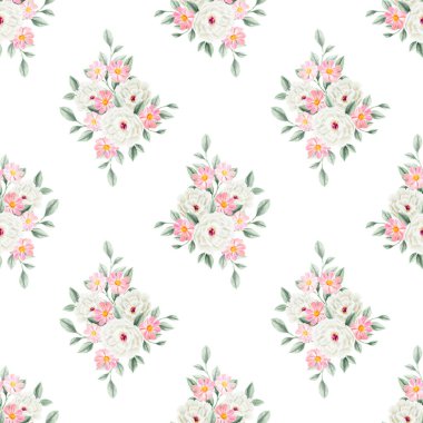 Bahar çiçekleri pürüzsüz desen. Botanik geçmişi. Pembe ve beyaz kır çiçeklerinin düzenlenmesi.