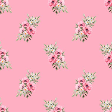 Bahar çiçekleri pürüzsüz desen. Botanik geçmişi. Pembe ve beyaz kır çiçeklerinin düzenlenmesi.