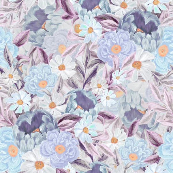 Spring flowers seamless pattern. Botanical background. Arrangement of pink and white wildflowers.