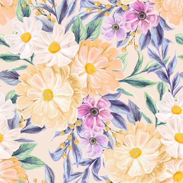Frühlingsblumen Nahtloses Muster Botanischer Hintergrund Arrangement Von Rosa Und Weißen — Stockfoto
