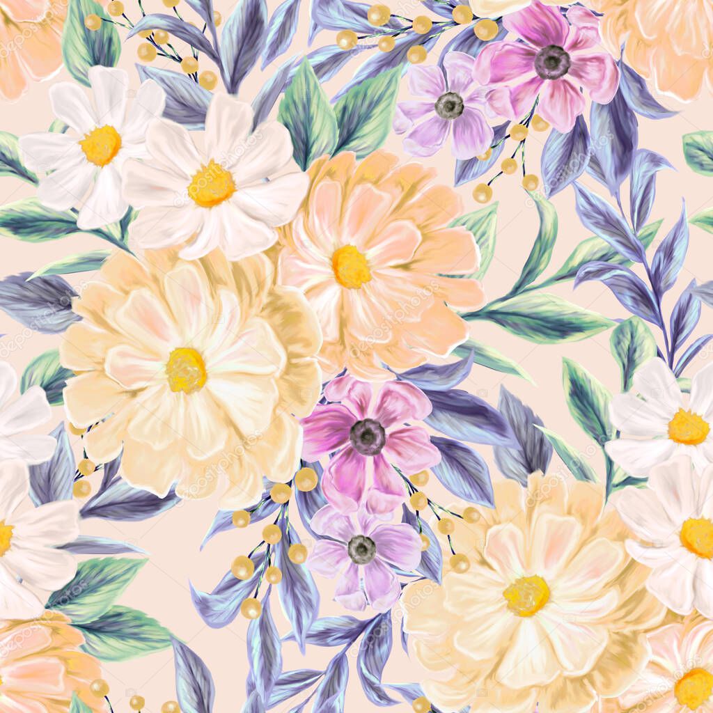 Spring flowers seamless pattern. Botanical background. Arrangement of pink and white wildflowers.
