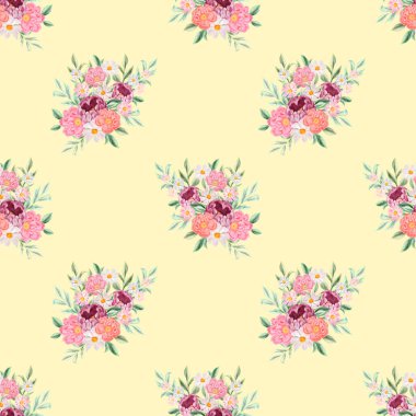 Bahar çiçekleri pürüzsüz desen. Botanik geçmişi. Pembe ve beyaz kır çiçeklerinin düzenlenmesi.