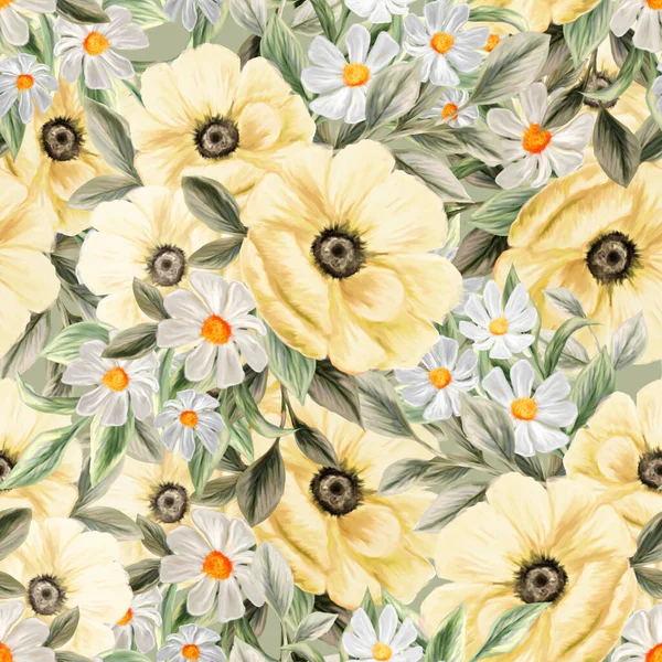 Spring flowers seamless pattern. Botanical background. Arrangement of pink and white wildflowers.