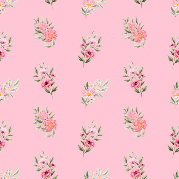 春の花のシームレスなパターン 植物の背景 ピンクと白の野花の配置 — ストック写真