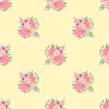 Bahar çiçekleri pürüzsüz desen. Botanik geçmişi. Pembe ve beyaz kır çiçeklerinin düzenlenmesi.