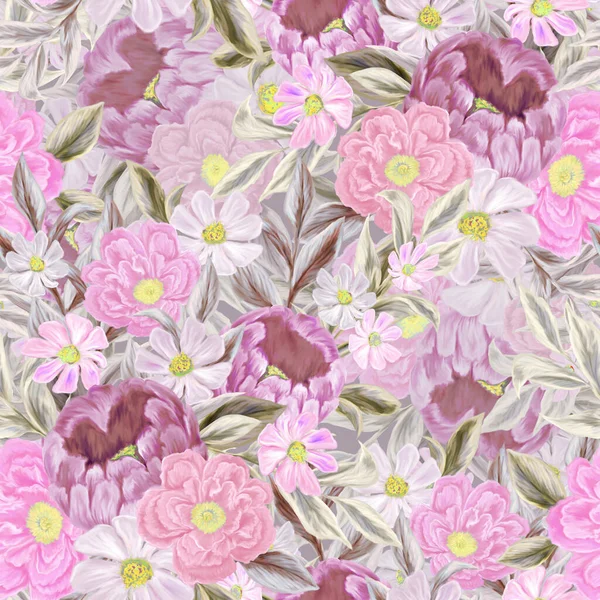 Spring Flowers Seamless Pattern Botanical Background Arrangement Pink White Wildflowers — Stock Photo, Image