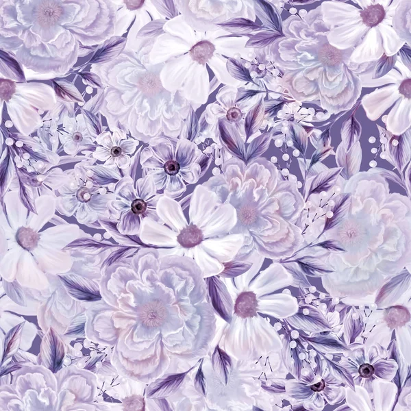 Sehr Peri Frühlingsblumen Nahtloses Muster Botanischer Hintergrund Arrangement Von Rosa — Stockfoto