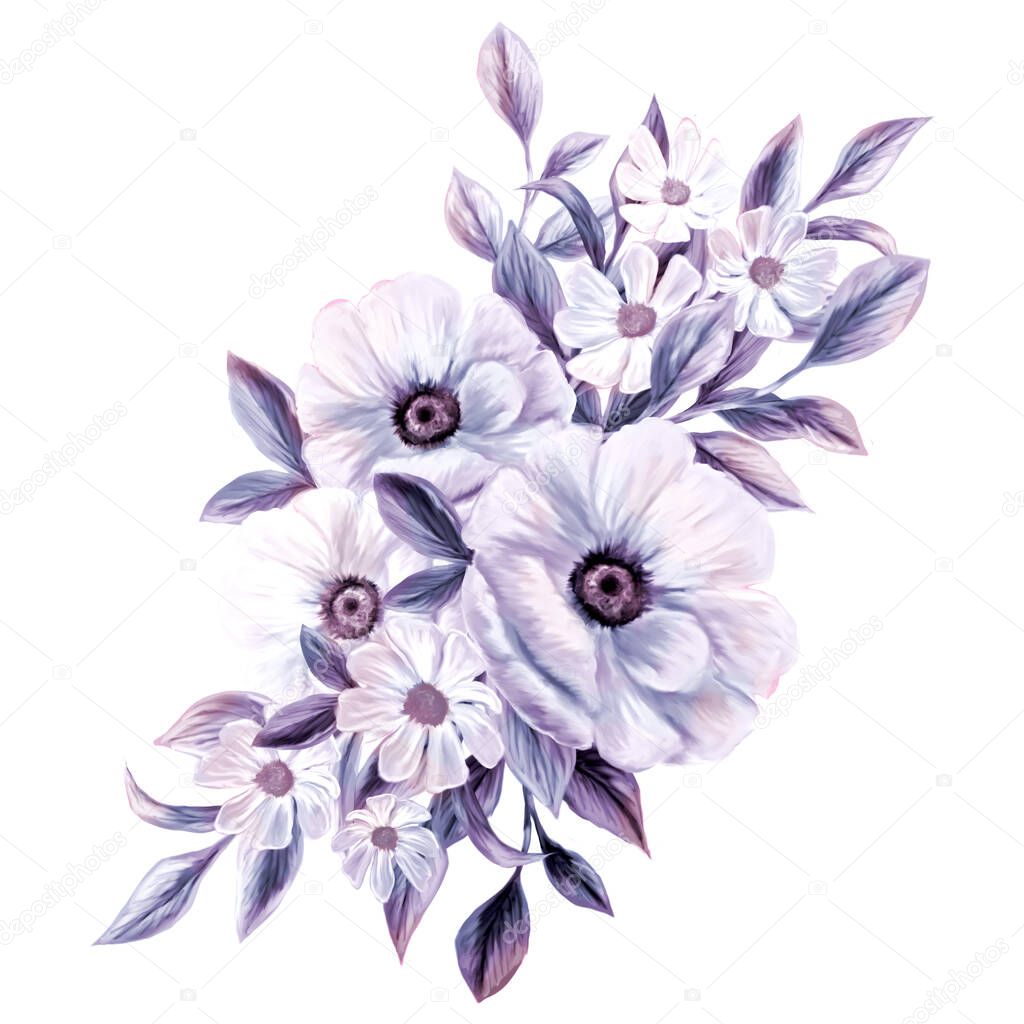 Very Peri. Bouquet of spring flowers. Isolated botanical illustration for design of invitations, greeting cards. Composition of pink and white wildflowers.
