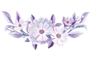 Bahar çiçekleri. Davetiye tasarımı ve tebrik kartları için izole edilmiş botanik sınırı. Pembe ve beyaz kır çiçeklerinin bileşimi.