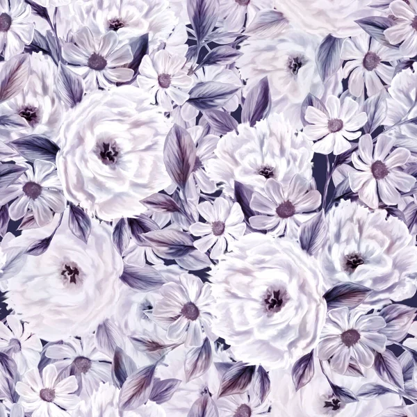 Spring flowers seamless pattern. Botanical background. Arrangement of pink and white wildflowers.