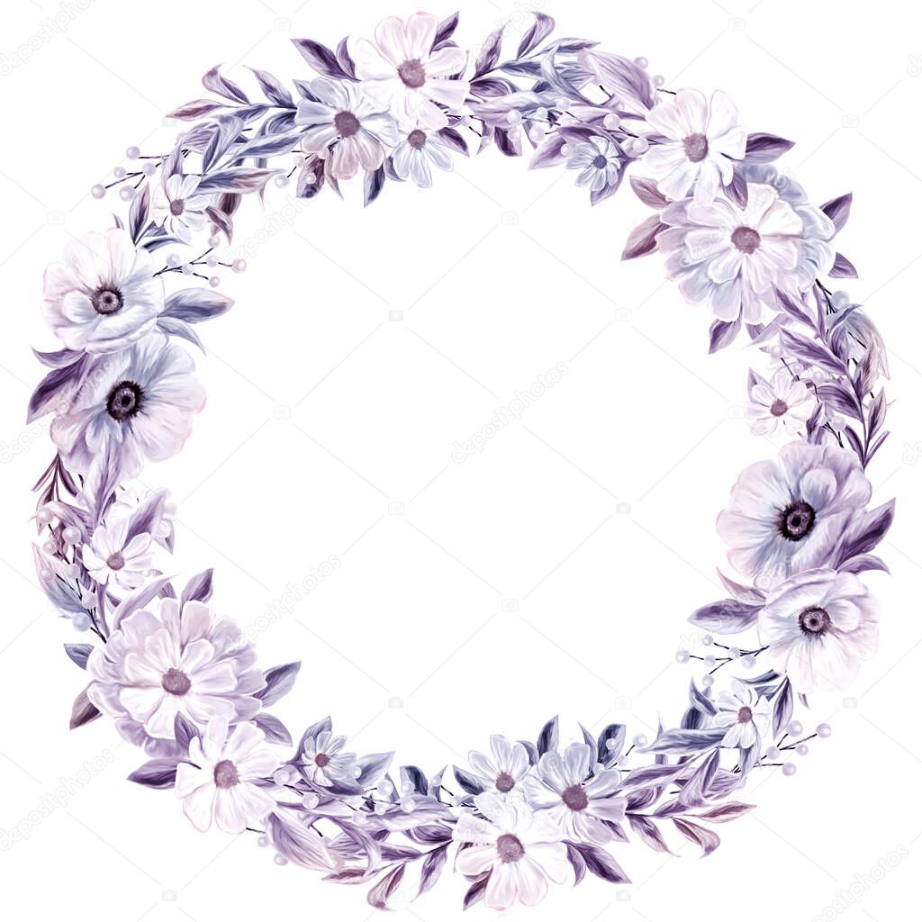 Spring flowers wreath. Isolated clip art element for design of invitations, cards. Arrangement of pink and white wildflowers in the form of a wreath.