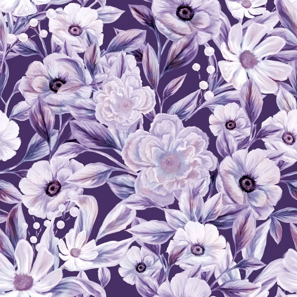 Very Peri. Spring flowers seamless pattern. Botanical background. Arrangement of pink and white wildflowers.
