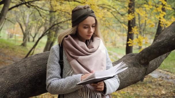 一个年轻的成年女孩站在秋天的森林里，带着黄叶阅读一本关于自然的书的画像。漂亮的女性手里拿着一本书，休息和放松。蓝眼睛金发姑娘在户外学习. — 图库视频影像
