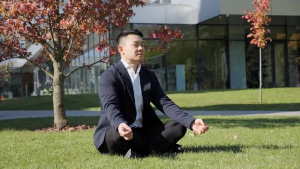 Koreli işadamı uzun saatler çalıştıktan sonra çimenler üzerinde meditasyon yapıyor. Stres yok. — Stok video