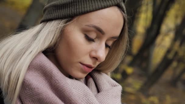 Encantadora cara femenina al aire libre. Maravillosa vista de otoño en las hojas amarillas del parque. La mujer toma notas en su cuaderno. Hermosa poeta rubia busca inspiración en la naturaleza escribe un poema, trabajo, poema. — Vídeo de stock