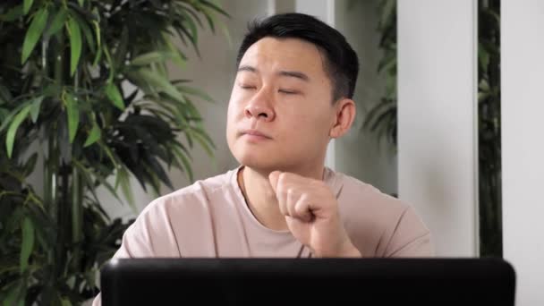 İç işlerinde çalışan Asyalı işadamı dizüstü bilgisayarla ilgili bir konuyu ele aldı. — Stok video