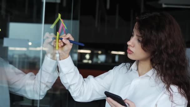 漂亮的卷发女商人用手机在玻璃板上写有创意的东西女商人用手机应用程序在玻璃板上写有创意的东西女商人用办公室工作人员计划组织贴纸工作. — 图库视频影像