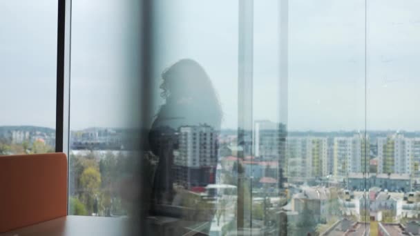 Creative female leader woman freelancer thinking near the window. View from the back of a pretty girl in office. Panoramic window with a city landscape. The talented designer looks out the window. — Vídeos de Stock