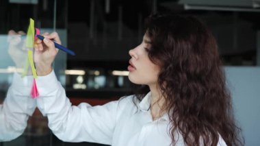 Kıvırcık Saçlı İş Kadını, cam tahtaya yaratıcı fikirler yazar, kadın ofis çalışanı, çıkartmalar üzerinde çalışma düzenler. Cam Duvarda Tasarımcı Fikri Paylaşım. 