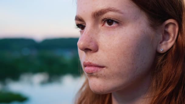 Portrait Woman Face Girl Looking Away Attractive Ginger Lake Background — Stock Video