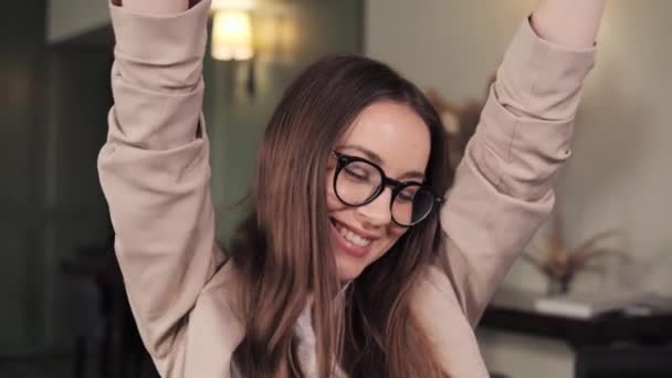 Pretty Euphoric Young Woman Customer Celebrating Winning Bid Getting Ecommerce — Wideo stockowe