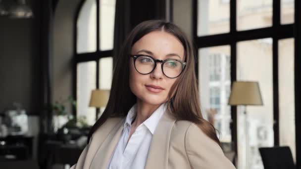 Beautiful Businesswoman Formal Suit Eyeglasses Thinking While Sitting Cafe Serious — Stock video