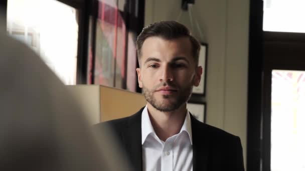 Elegant Fashionable Businessman Receives Key Card Room Business Trip — Stock video