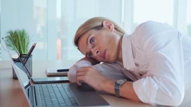 Tired businesswoman finished work on laptop need some rest in office place. Lazy worker. Boring work. Exhausted irresponsible woman employee working sleeping at office desk workplace indoor