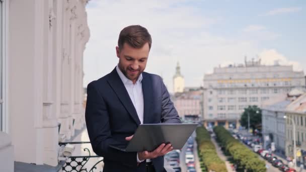 Successful Businessman Working Laptop Standing Balcony Urban Background Trendy Male — 图库视频影像
