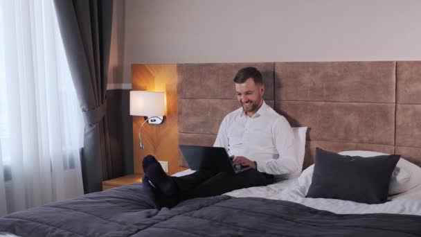 Positive Businessman Having Video Call Computer Indoors Attractive Guy Talking — Stock Video